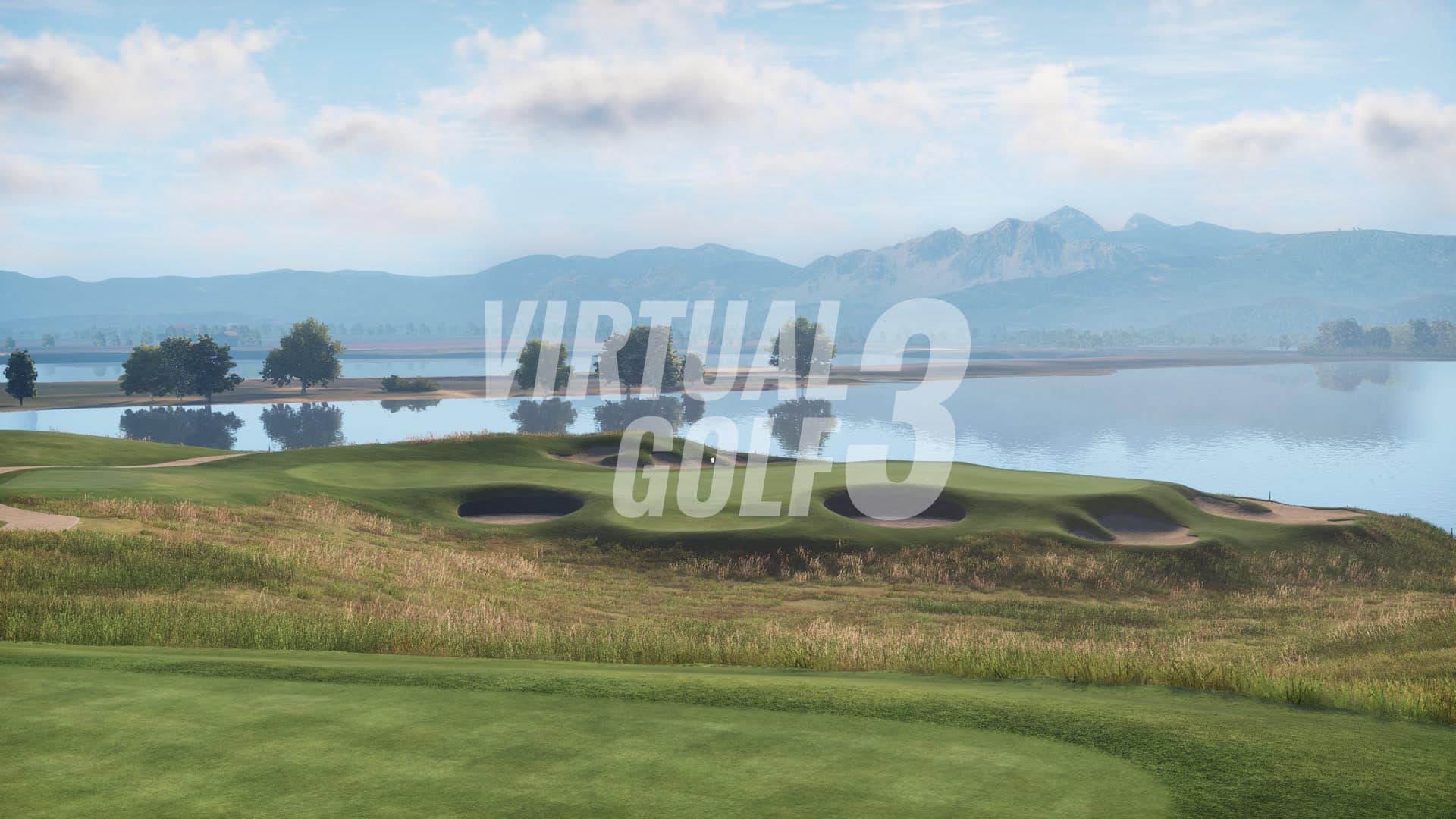 TrackMan Virtual Golf 3 artwork showing the Pinseeker tournament course beside a lake and mountains