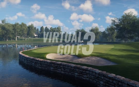 A virtual golf green beside water with TrackMan Virtual Golf 3 branding